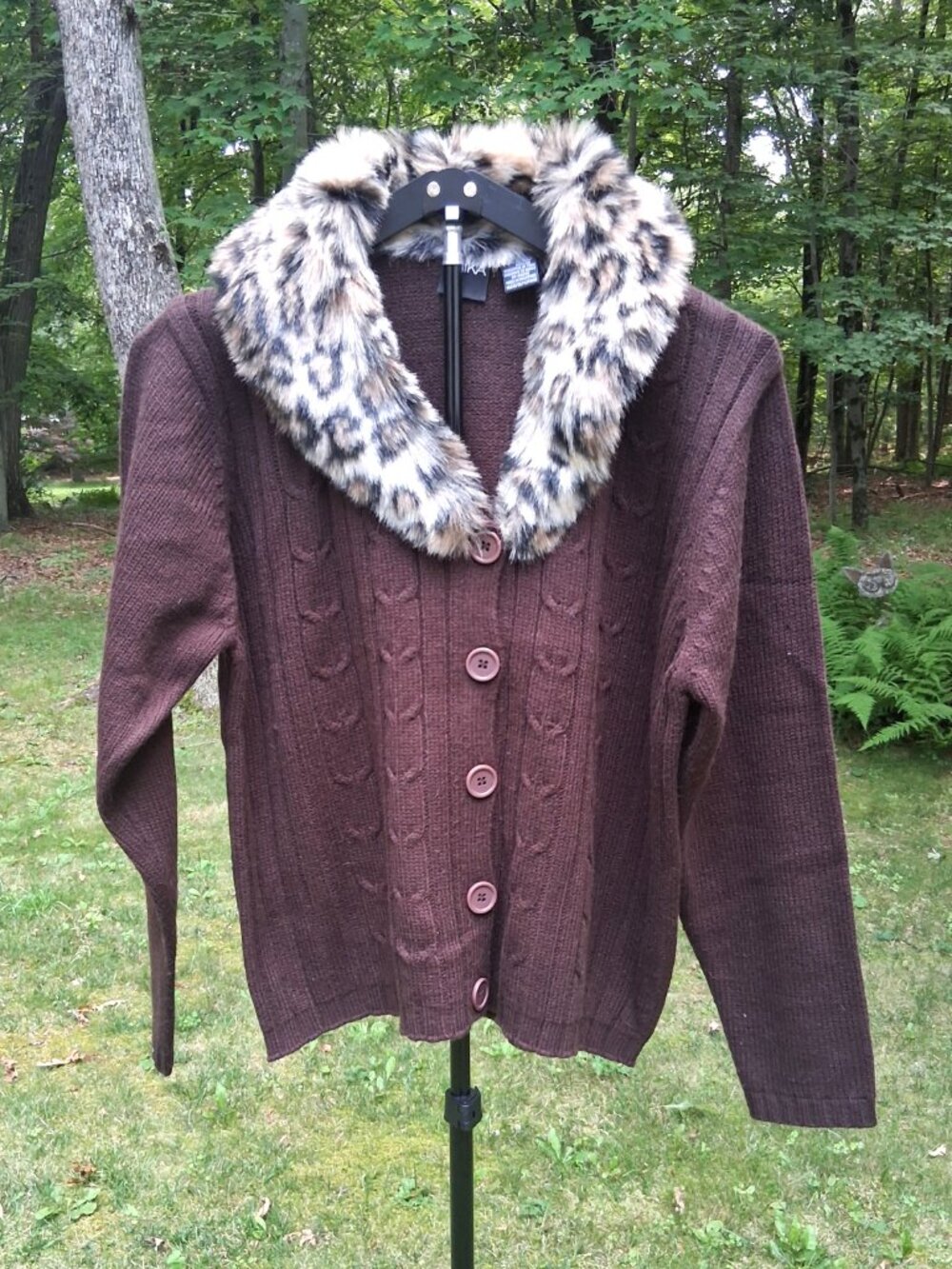 ERIKA Brown Cable Knit Cardigan Faux Fur Leopard Collar Sweater - Size M